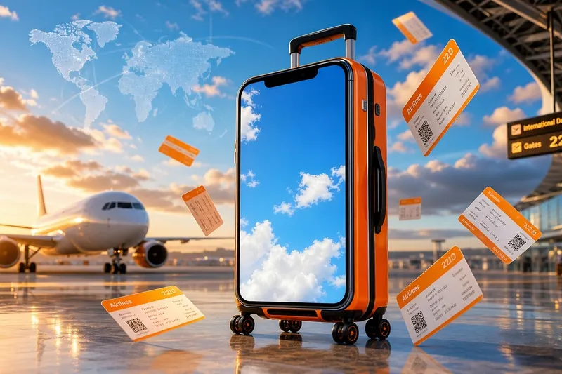 Oranger Koffer am Flughafen, um ihn herum fliegen Bordkarten